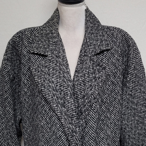 80s Vintage Black Gray Herringbone Wool Balloon Sleeve Longline Trench Coat XL - Picture 5 of 13